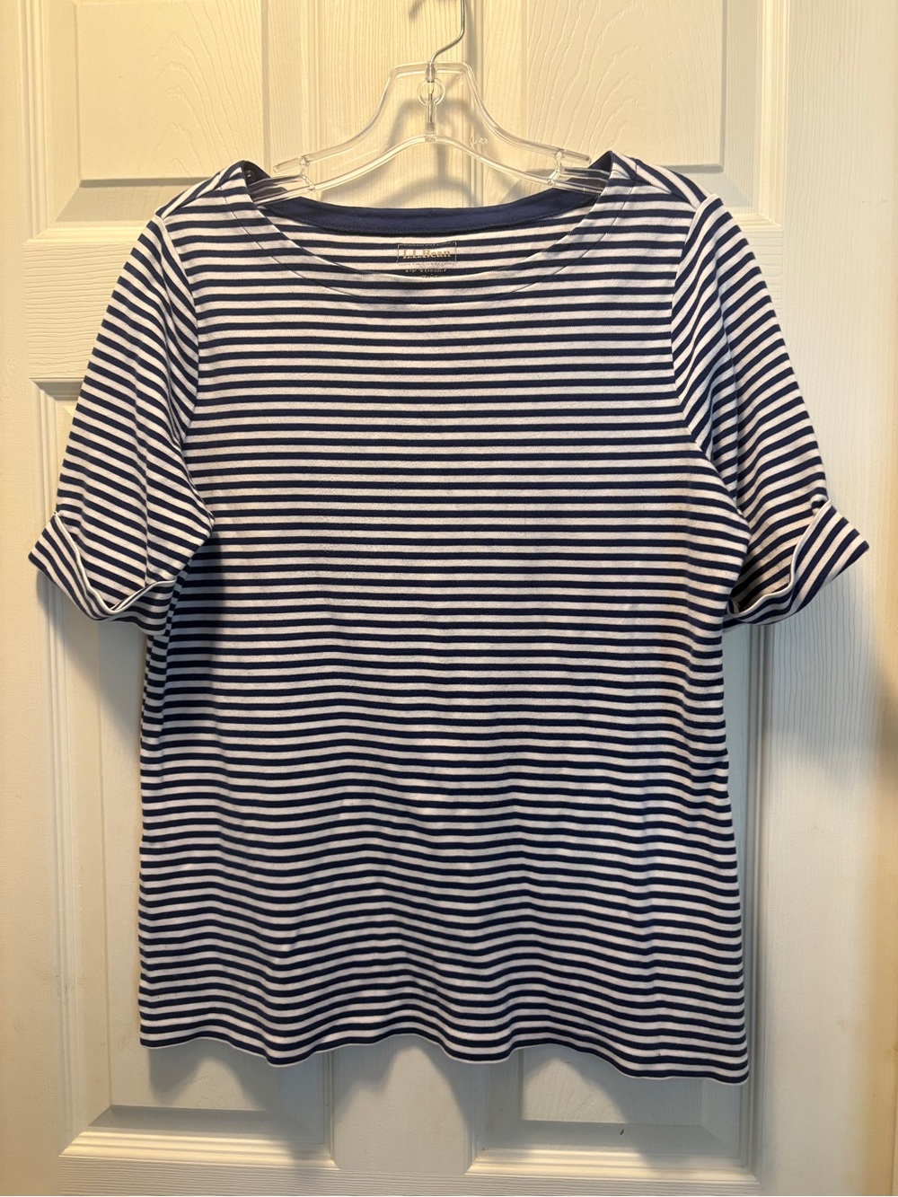 L.L. Bean Navy and White Striped Short Sleeve Tee